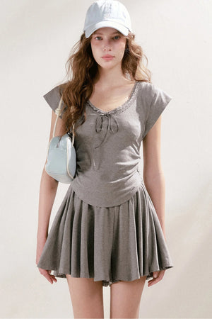 Lace Trim Tie-Up Top and High-Waisted Skirt Pants Set