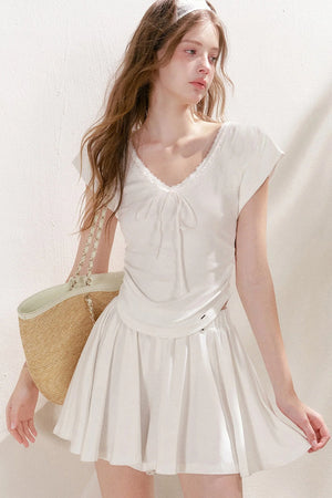 Lace Trim Tie-Up Top and High-Waisted Skirt Pants Set