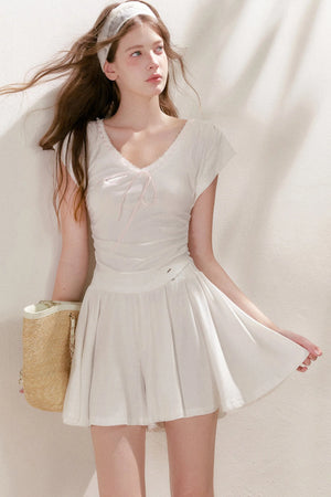 Lace Trim Tie-Up Top and High-Waisted Skirt Pants Set