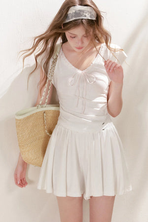 Lace Trim Tie-Up Top and High-Waisted Skirt Pants Set