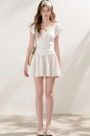 Lace Trim Tie-Up Top and High-Waisted Skirt Pants Set