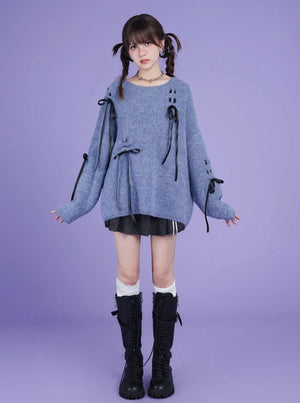 Lace-up Bow Crew Neck Sweater Loose Top