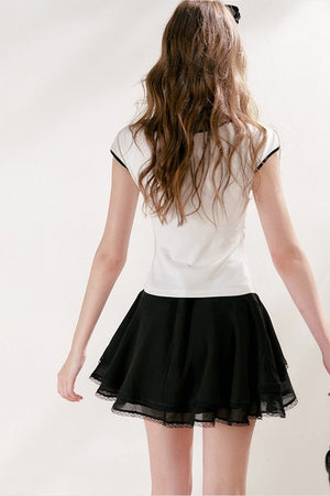 Lace-Up Bow Hollow Out Short Sleeve T-Shirt and Skirt Set