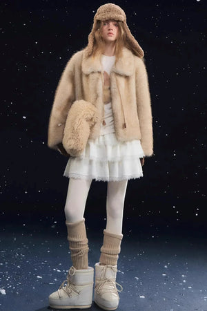 Lace-Up Lapel Fur Coat