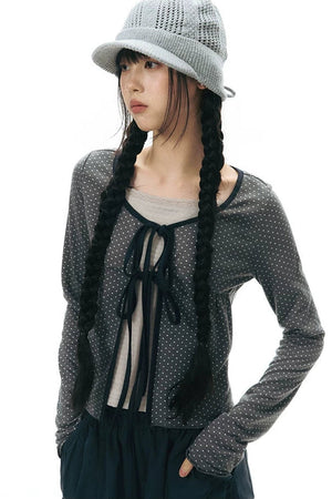 Lace-Up Ruffle Knit Cardigan