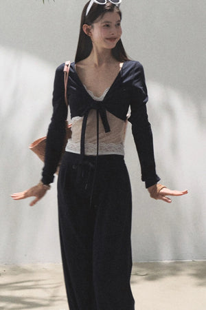 Lace-Up Top & Wide Leg Pants Set-Up