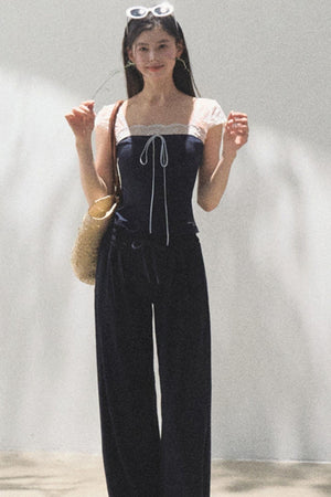 Lace-Up Top & Wide Leg Pants Set-Up