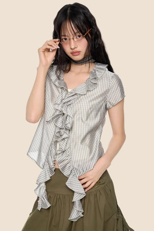 Lace V-Neck Plaid Blouse