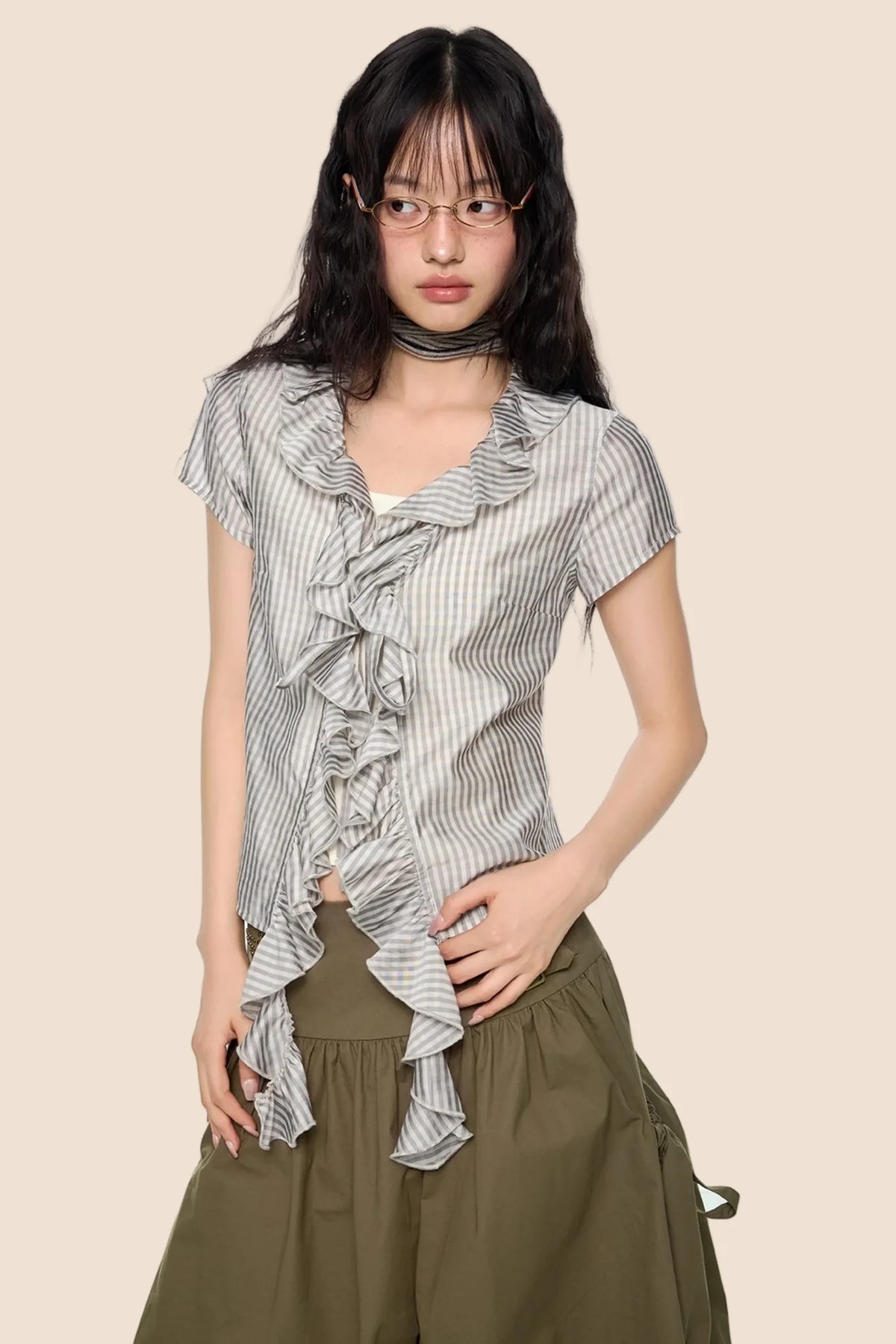 Lace V-Neck Plaid Blouse
