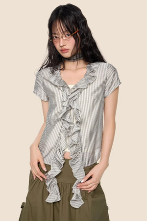 Lace V-Neck Plaid Blouse