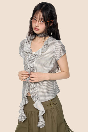 Lace V-Neck Plaid Blouse