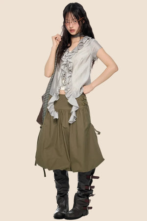 Lace V-Neck Plaid Blouse