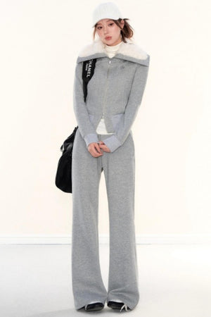 Lapel Fleece Slim Sweatshirt Jacket Set-Up