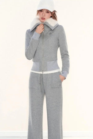 Lapel Fleece Slim Sweatshirt Jacket Set-Up