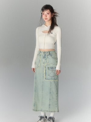 Large Pocket Athleisure Denim Maxi Skirt