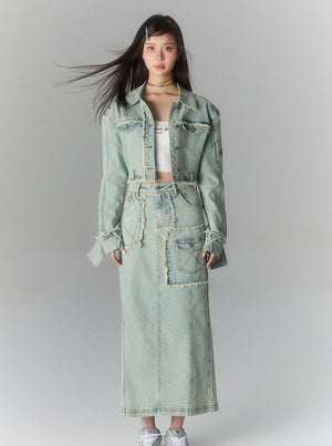 Large Pocket Athleisure Denim Maxi Skirt