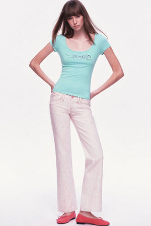 Large U-Neck Leopard Print Slim-Fit Short-Sleeve T-Shirt