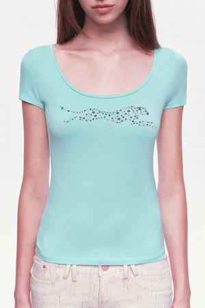 Large U-Neck Leopard Print Slim-Fit Short-Sleeve T-Shirt