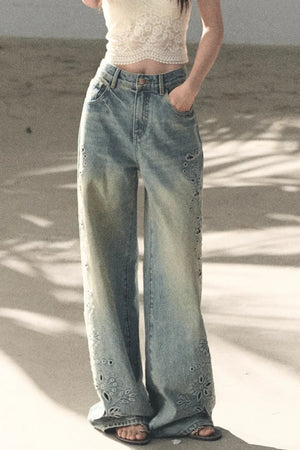 Laser Embroidery Distressed Jeans