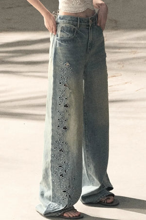 Laser Embroidery Distressed Jeans