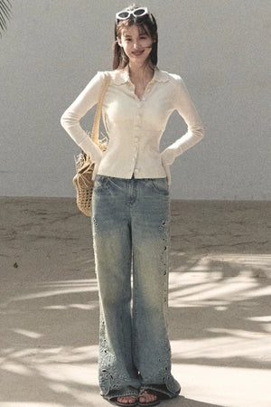 Laser Embroidery Distressed Jeans