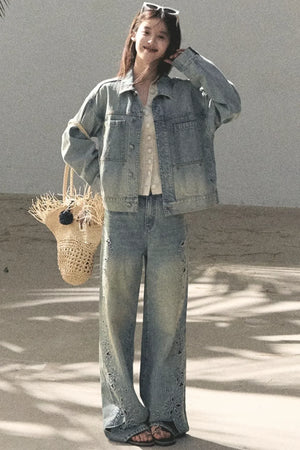 Laser Embroidery Distressed Jeans