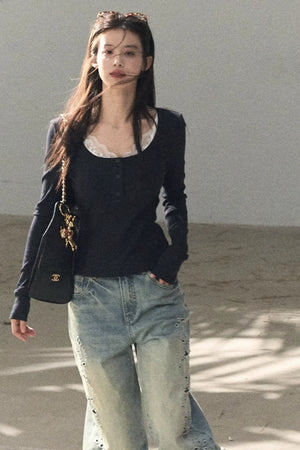 Laser Embroidery Distressed Jeans