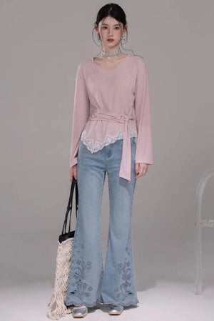 Laser Embroidery Washed Denim Pants