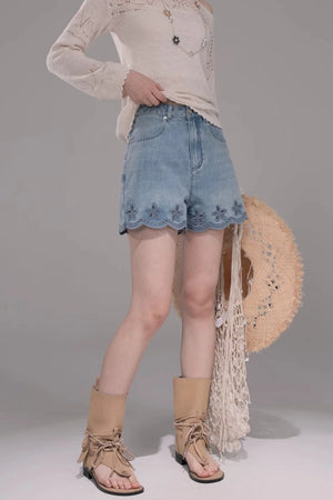 Laser Embroidery Washed Denim Pants