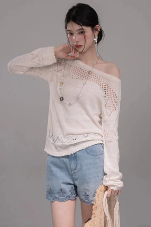 Laser Embroidery Washed Denim Pants