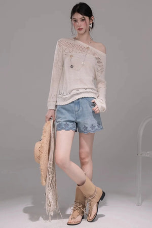 Laser Embroidery Washed Denim Pants