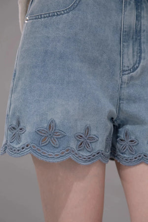 Laser Embroidery Washed Denim Pants