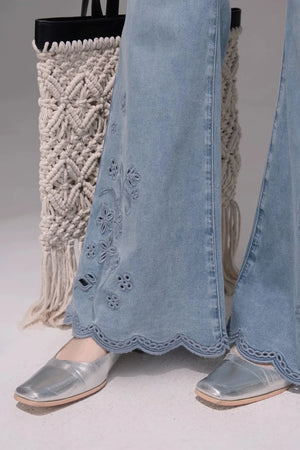 Laser Embroidery Washed Denim Pants