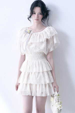 Layered Lace Ruffle Flutter Sleeve Tiered Dress