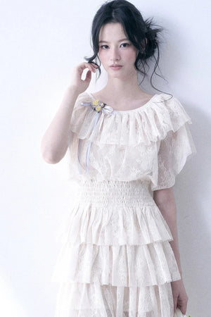 Layered Lace Ruffle Flutter Sleeve Tiered Dress