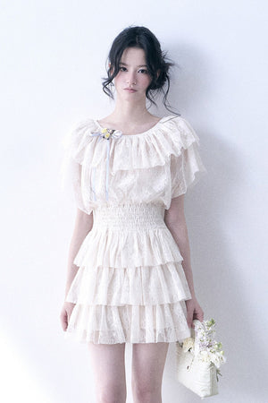 Layered Lace Ruffle Flutter Sleeve Tiered Dress
