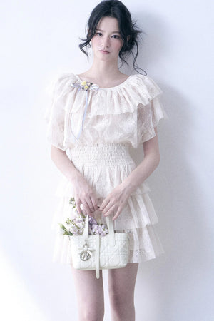 Layered Lace Ruffle Flutter Sleeve Tiered Dress