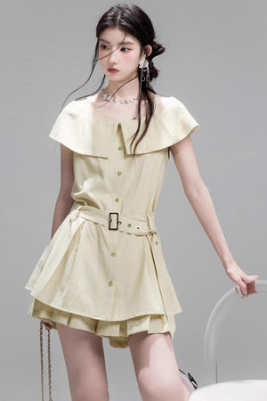 Layered Lime Green Belted Shirt & Pleated Shorts Set