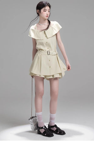 Layered Lime Green Belted Shirt & Pleated Shorts Set