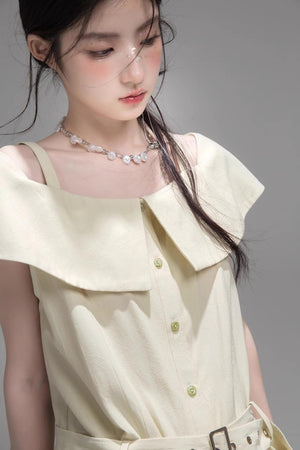 Layered Lime Green Belted Shirt & Pleated Shorts Set