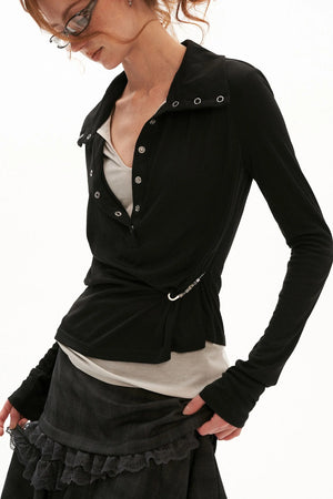 Layered-Look Button Polo Long Sleeve Top