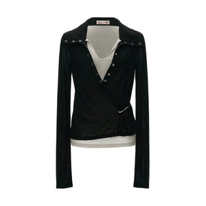 Layered-Look Button Polo Long Sleeve Top