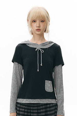 Layered-Look Hooded Long-Sleeve Top