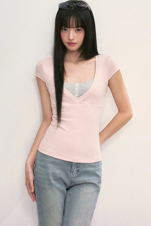 Layered-Look Pink V-Neck Top and Striped Camisole Set