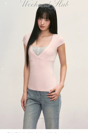 Layered-Look Pink V-Neck Top and Striped Camisole Set