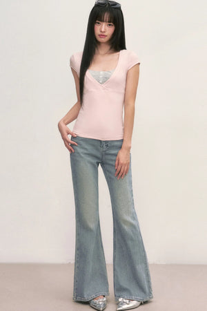 Layered-Look Pink V-Neck Top and Striped Camisole Set