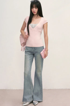 Layered-Look Pink V-Neck Top and Striped Camisole Set
