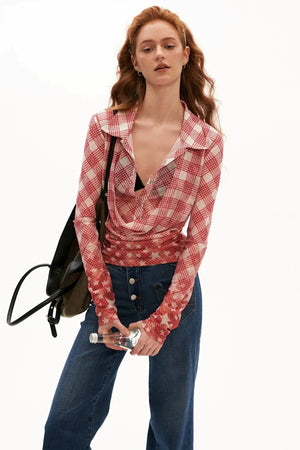 Layered-Look Plaid Long-Sleeve Blouse