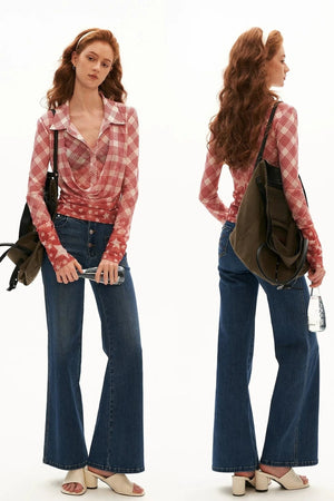 Layered-Look Plaid Long-Sleeve Blouse
