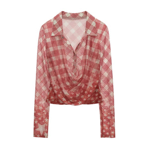 Layered-Look Plaid Long-Sleeve Blouse